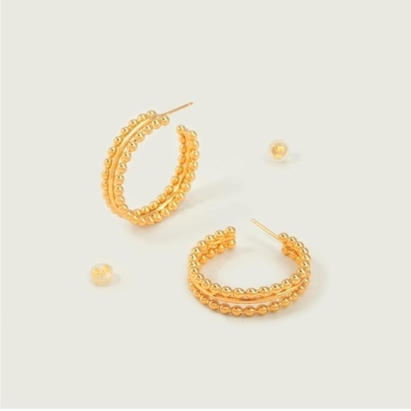 GOLD 18k Gold Plated Beaded Cuff Hoop Earrings - Picture 1 of 4